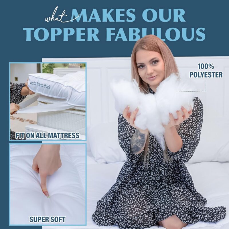 Mattress Topper 4 Inch Thick - Quilted Topper with Fluffy Hypoallergenic Microfibre with Strong Corner Straps for Luxury & Comfort