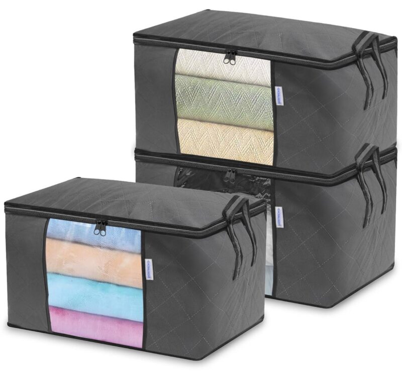 90L Large Storage Bags with Zips- 3 Pack Foldable Clothes Storage Bag Organizer- Grey