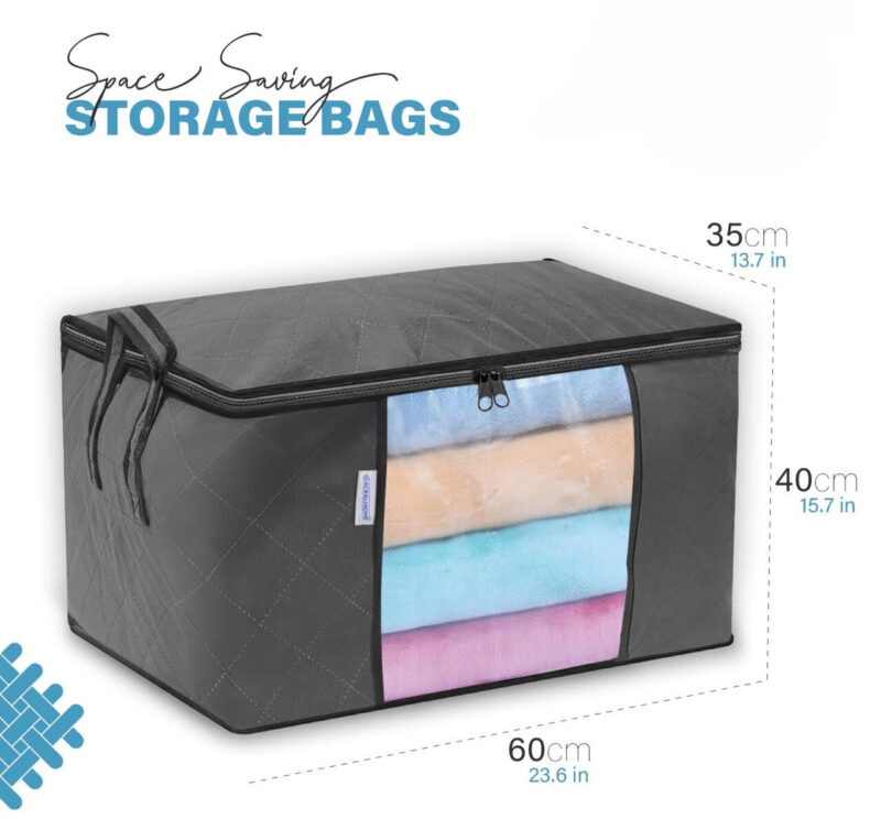 90L Large Storage Bags with Zips- 3 Pack Foldable Clothes Storage Bag Organizer- Grey - Image 2
